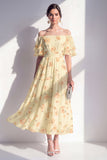 Yellow A-Line Off the Shoulder Chiffon Midi Floral Dress