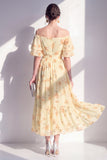 Yellow A-Line Off the Shoulder Chiffon Midi Floral Dress