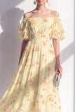Yellow A-Line Off the Shoulder Chiffon Midi Floral Dress