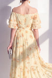 Yellow A-Line Off the Shoulder Chiffon Midi Floral Dress