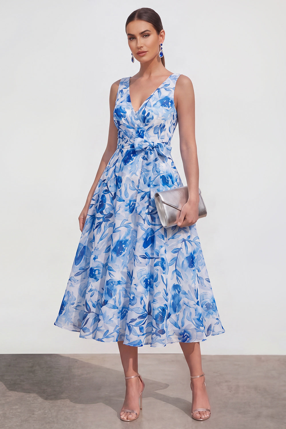 Zapaka Women Blue Flower Midi Dress with Belt A-Line V-Neck Chiffon Wedding Guest Dress, Blue Flower / US24W