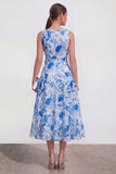 Blue Flower A-Line V-Neck Chiffon Midi Dress with Belt