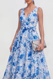 Blue Flower A-Line V-Neck Chiffon Midi Dress with Belt