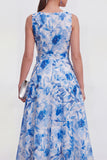 Blue Flower A-Line V-Neck Chiffon Midi Dress with Belt
