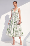 Blue Flower A-Line V-Neck Chiffon Midi Dress with Belt