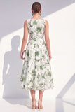 Blue Flower A-Line V-Neck Chiffon Midi Dress with Belt