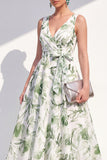 Blue Flower A-Line V-Neck Chiffon Midi Dress with Belt