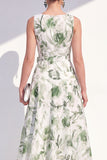 Blue Flower A-Line V-Neck Chiffon Midi Dress with Belt