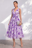 Blue Flower A-Line V-Neck Chiffon Midi Dress with Belt