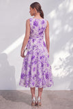 Blue Flower A-Line V-Neck Chiffon Midi Dress with Belt