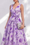 Blue Flower A-Line V-Neck Chiffon Midi Dress with Belt