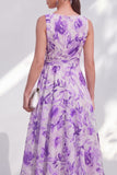Blue Flower A-Line V-Neck Chiffon Midi Dress with Belt