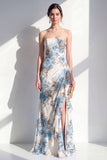 Mermaid Blue Flower Strapless Ruffled Maxi Dress with Slit