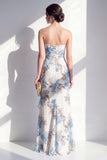 Mermaid Blue Flower Strapless Ruffled Maxi Dress with Slit