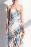Mermaid Blue Flower Strapless Ruffled Maxi Dress with Slit