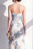Mermaid Blue Flower Strapless Ruffled Maxi Dress with Slit