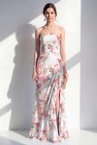 Mermaid Blue Flower Strapless Ruffled Maxi Dress with Slit