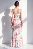 Mermaid Blue Flower Strapless Ruffled Maxi Dress with Slit