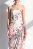 Mermaid Blue Flower Strapless Ruffled Maxi Dress with Slit