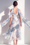 A-Line Blue Flower V-Neck Chiffon Midi Dress with Neck Scarf