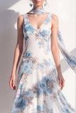 A-Line Blue Flower V-Neck Chiffon Midi Dress with Neck Scarf