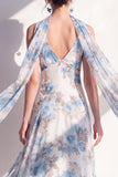 A-Line Blue Flower V-Neck Chiffon Midi Dress with Neck Scarf