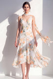 A-Line Blue Flower V-Neck Chiffon Midi Dress with Neck Scarf