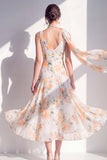 A-Line Blue Flower V-Neck Chiffon Midi Dress with Neck Scarf