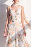 A-Line Blue Flower V-Neck Chiffon Midi Dress with Neck Scarf