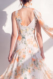 A-Line Blue Flower V-Neck Chiffon Midi Dress with Neck Scarf