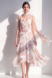 A-Line Blue Flower V-Neck Chiffon Midi Dress with Neck Scarf