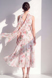 A-Line Blue Flower V-Neck Chiffon Midi Dress with Neck Scarf