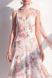 A-Line Blue Flower V-Neck Chiffon Midi Dress with Neck Scarf
