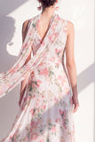 A-Line Blue Flower V-Neck Chiffon Midi Dress with Neck Scarf
