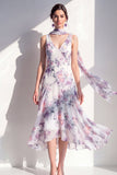 A-Line Blue Flower V-Neck Chiffon Midi Dress with Neck Scarf