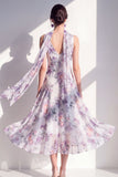 A-Line Blue Flower V-Neck Chiffon Midi Dress with Neck Scarf