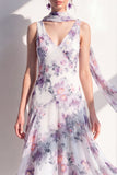 A-Line Blue Flower V-Neck Chiffon Midi Dress with Neck Scarf