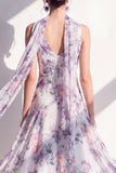 A-Line Blue Flower V-Neck Chiffon Midi Dress with Neck Scarf