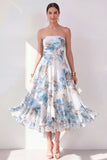 A-Line Orange Flower Strapless Chiffon Ruched Midi Dress