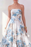 A-Line Orange Flower Strapless Chiffon Ruched Midi Dress