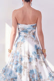 A-Line Orange Flower Strapless Chiffon Ruched Midi Dress
