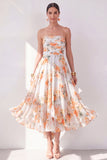 A-Line Orange Flower Strapless Chiffon Ruched Midi Dress