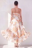 A-Line Orange Flower Strapless Chiffon Ruched Midi Dress