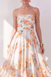 A-Line Orange Flower Strapless Chiffon Ruched Midi Dress