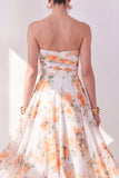 A-Line Orange Flower Strapless Chiffon Ruched Midi Dress