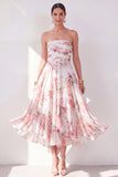 A-Line Orange Flower Strapless Chiffon Ruched Midi Dress