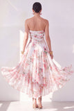 A-Line Orange Flower Strapless Chiffon Ruched Midi Dress