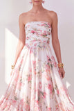 A-Line Orange Flower Strapless Chiffon Ruched Midi Dress