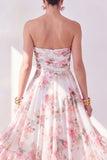 A-Line Orange Flower Strapless Chiffon Ruched Midi Dress