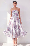 A-Line Orange Flower Strapless Chiffon Ruched Midi Dress